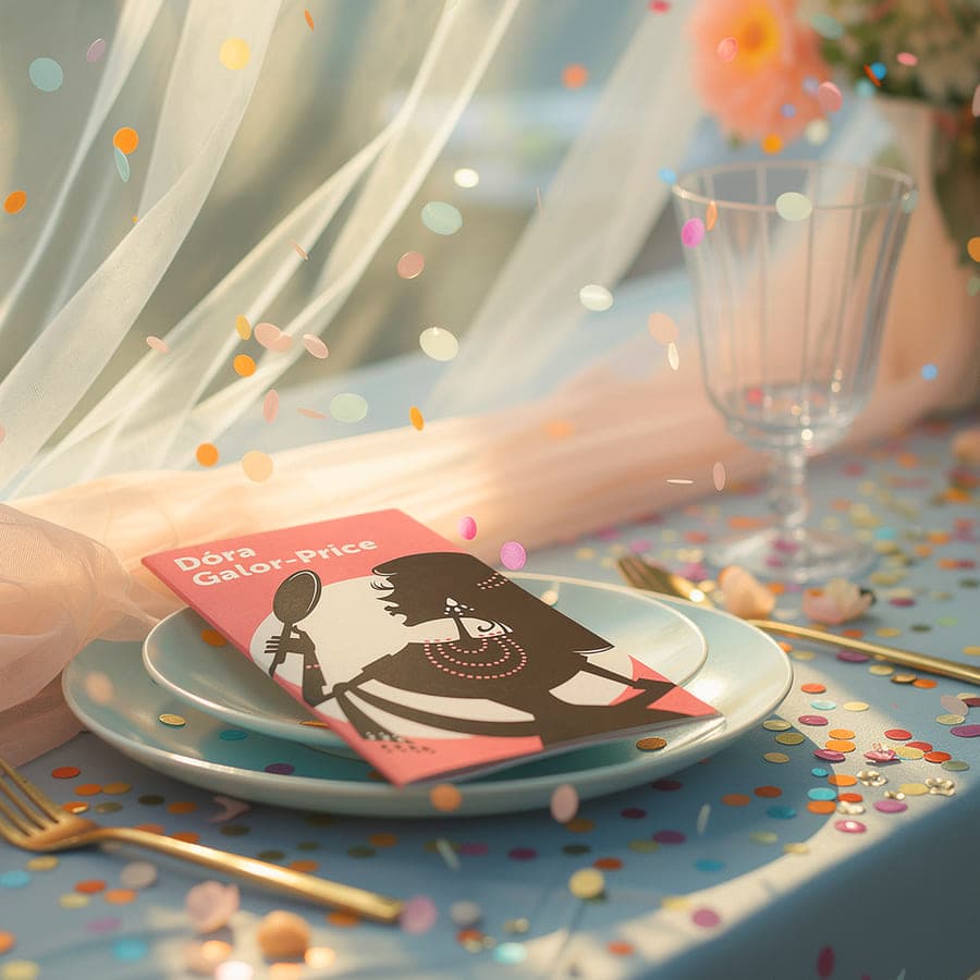 Livret-personnage sur une table dressée couverte de confettis