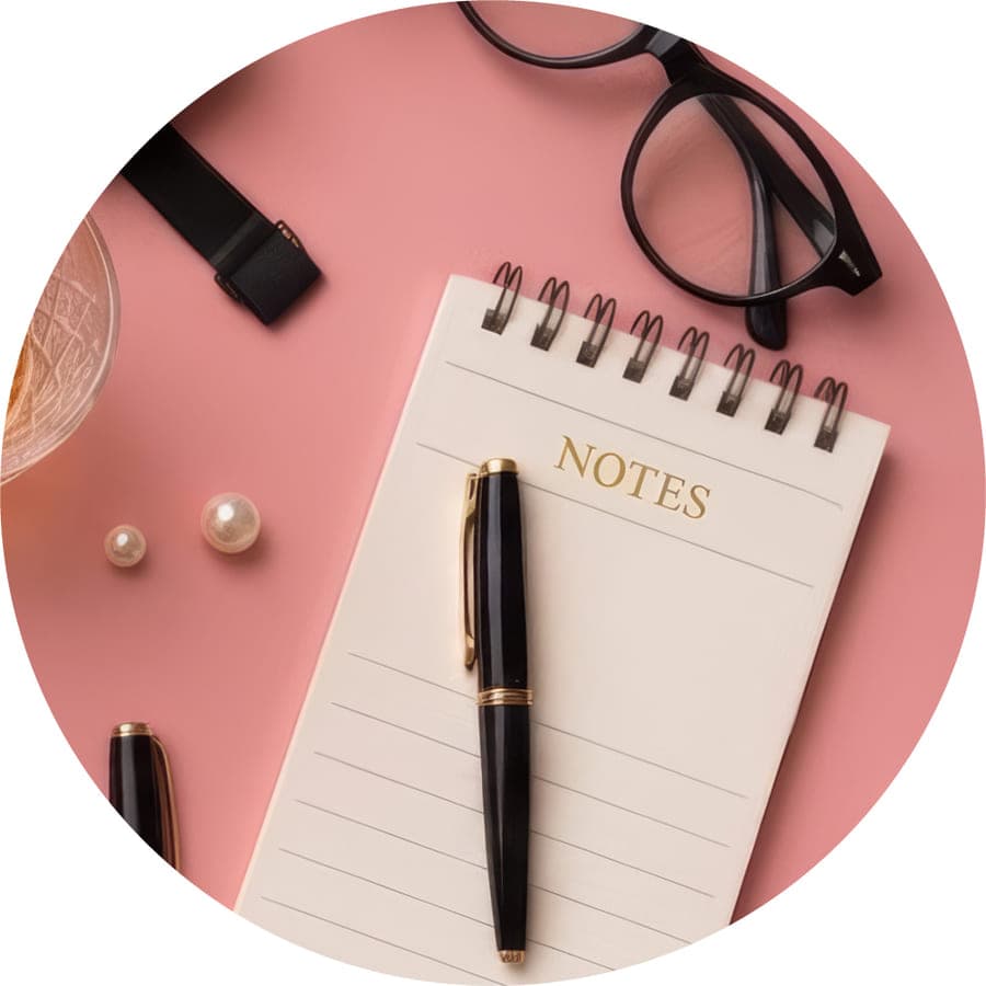 Bloc-notes, stylo et lunettes pour préparer un dîner-enquête