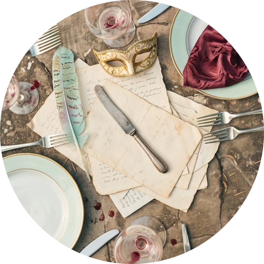 Lettres jaunies, masque doré et couteau sur une table rustique