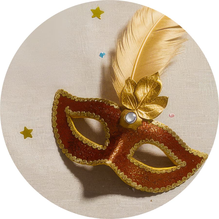 Masque de bal rouge et or orné d’une plume