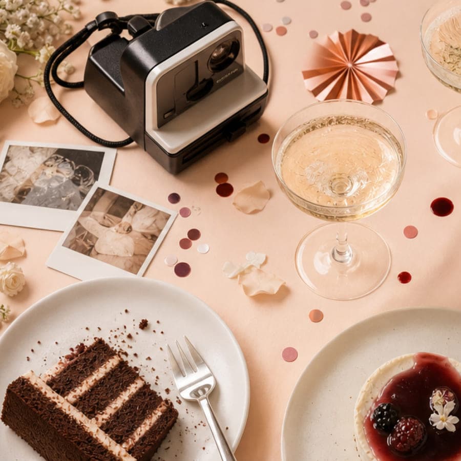 Appareil photo instantané, photos et gâteau sur la table de fête