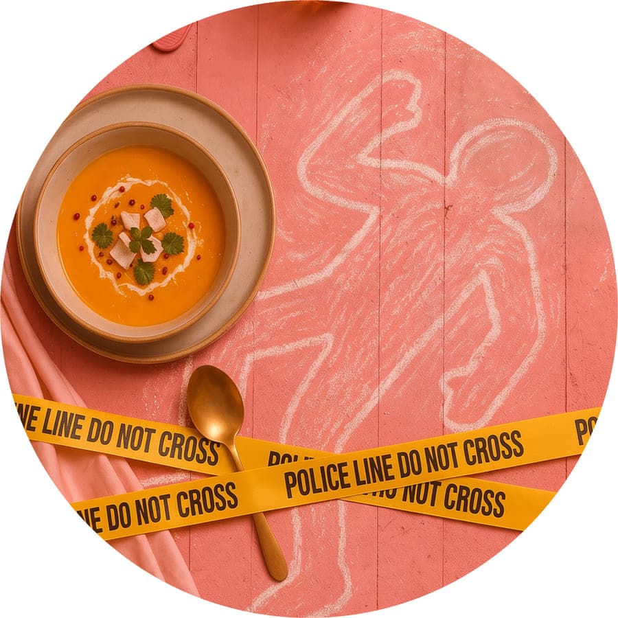 Assiette de soupe à côté d’une silhouette à la craie et d’un ruban de police