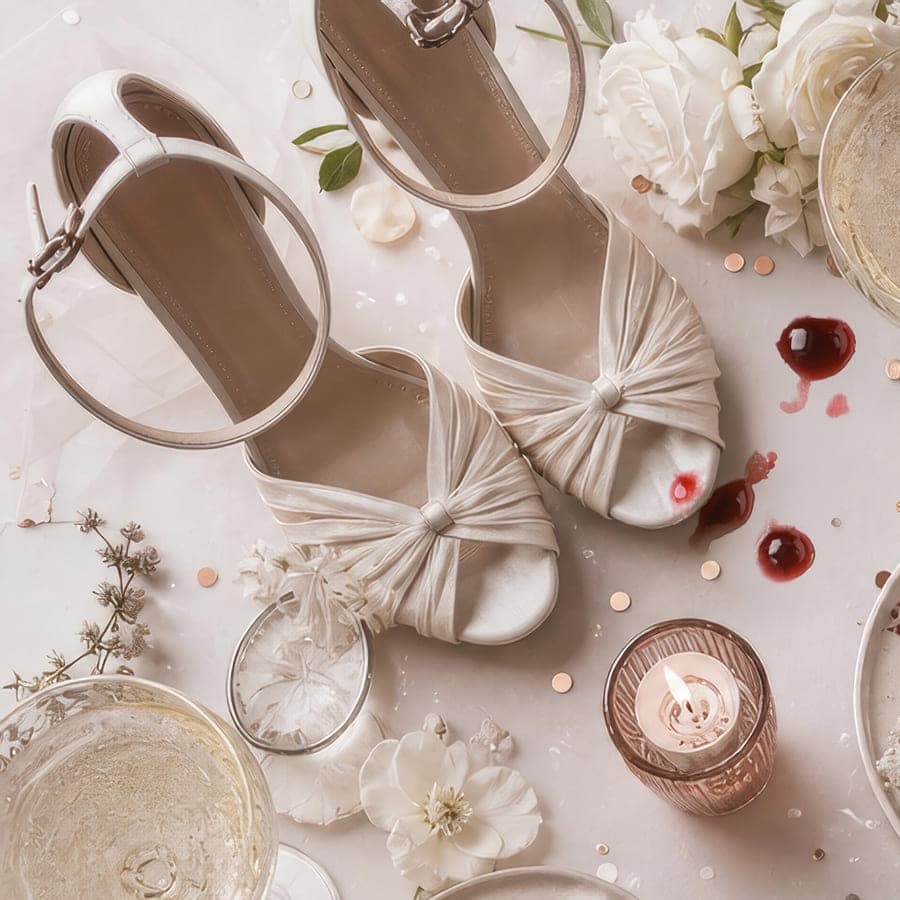 Chaussures de mariée, roses blanches et taches de vin