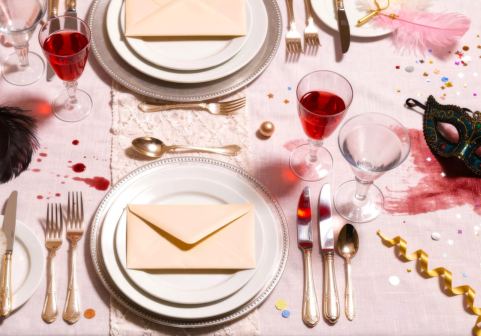 Table dressée avec enveloppes de rôles, masque et éclaboussures de sang