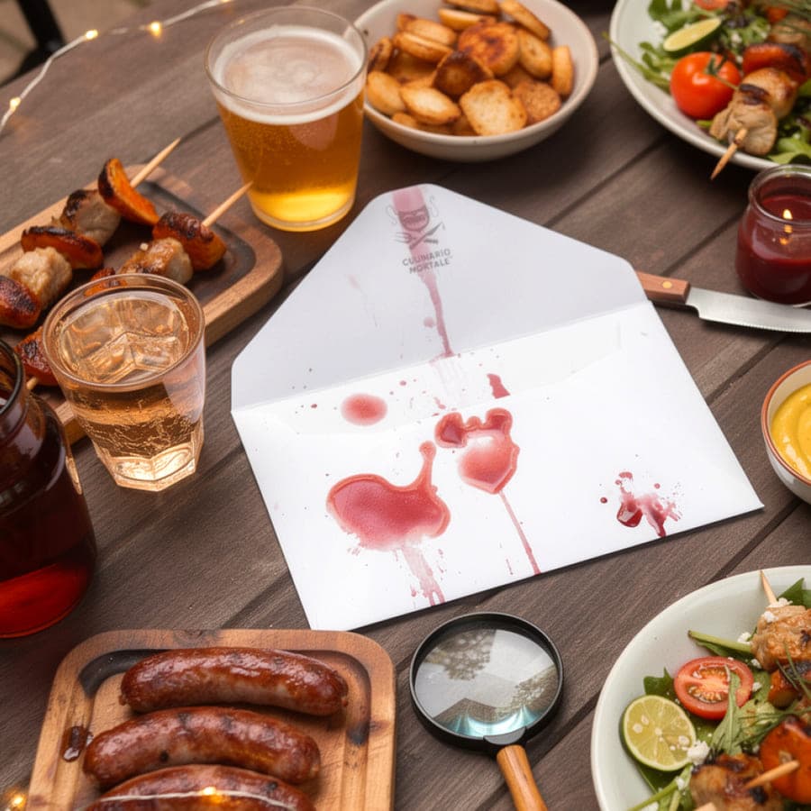 Table de jardin avec brochettes grillées, bière et enveloppe tachée de sang