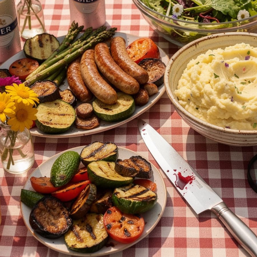 Plat de saucisses grillées, légumes et salade de pommes de terre