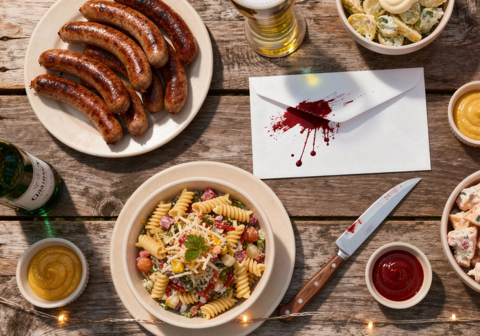 Table de barbecue avec saucisses, salade de pâtes et enveloppe tachée de sang